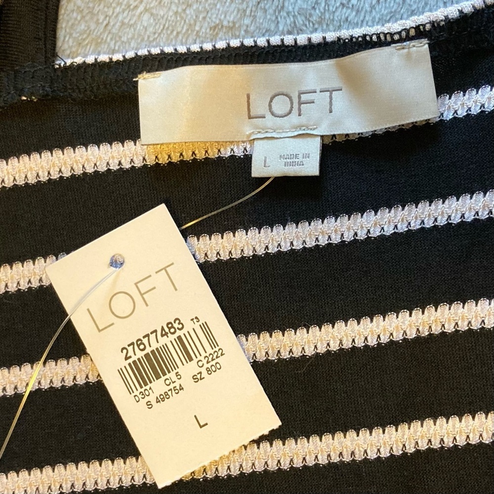 LOFT Black and White Striped Cap Sleeve Tee with Keyhole & Knotted Tie at Back - Picture 3 of 8